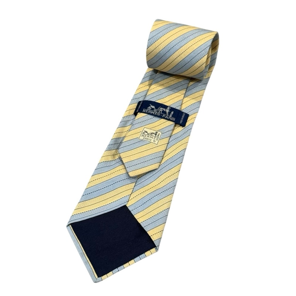 Hermes Men's Tie Yellow & Blue Striped Linen/Silk France 3.75" (W) x 63" (L) euc - Picture 3 of 4